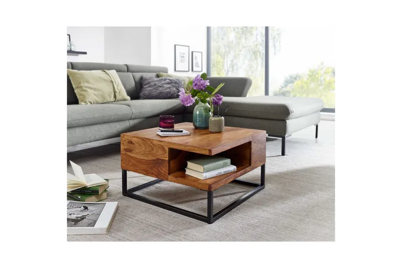 Sofabord Wohnling Massivt tre 60 cm firkantet med brett i landlig stil - Møbler - Bord - Sofabord & salongbord