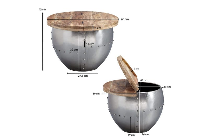 Sofabord Wohnling Massivt tre 60 cm industriell med naglet lagringsplass - Møbler - Bord - Sofabord & salongbord