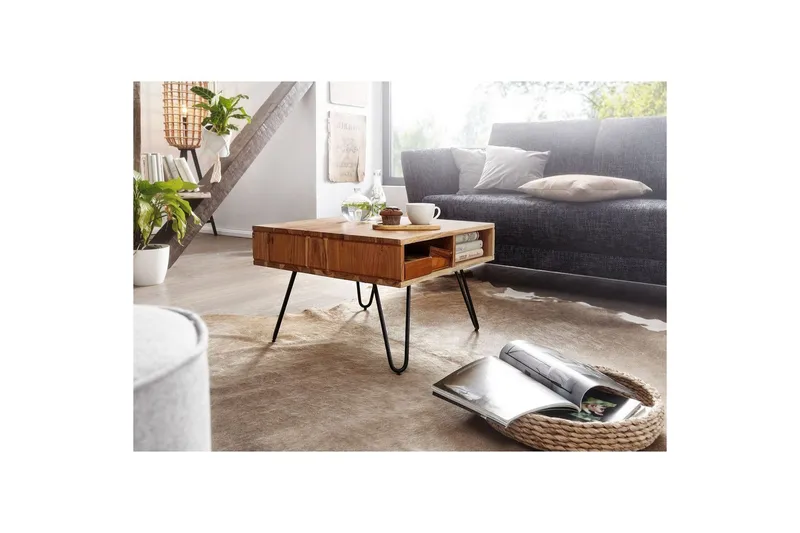 Sofabord Wohnling Massivt tre 60 cm kvadratisk med 4 oppbevaringsbrett i landlig stil - Møbler - Bord - Sofabord & salongbord