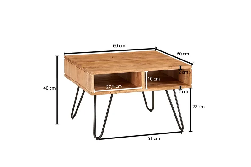 Sofabord Wohnling Massivt tre 60 cm kvadratisk med 4 oppbevaringsbrett i landlig stil - Møbler - Bord - Sofabord & salongbord