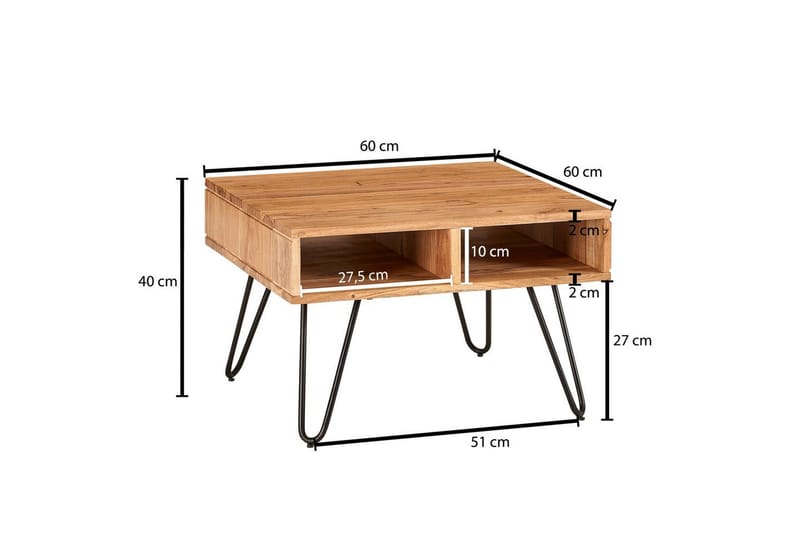 Sofabord Wohnling Massivt tre 60 cm kvadratisk med 4 oppbevaringsbrett i landlig stil - Møbler - Bord - Sofabord & salongbord