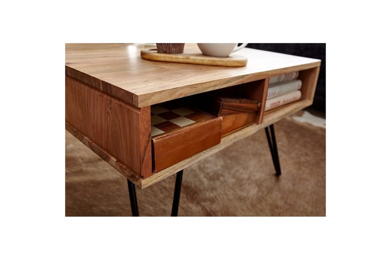 Sofabord Wohnling Massivt tre 60 cm kvadratisk med 4 oppbevaringsbrett i landlig stil - Møbler - Bord - Sofabord & salongbord