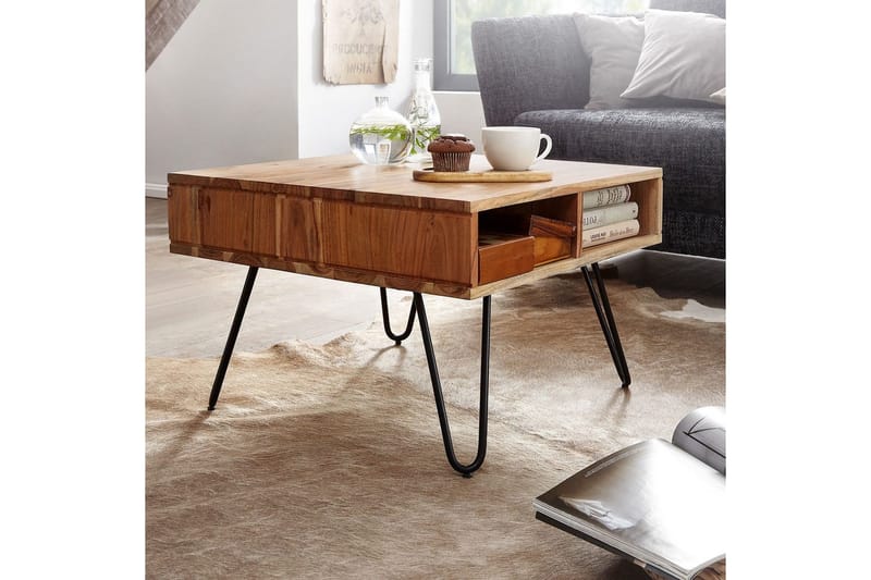 Sofabord Wohnling Massivt tre 60 cm kvadratisk med 4 oppbevaringsbrett i landlig stil - Møbler - Bord - Sofabord & salongbord