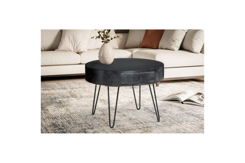 Sofabord Wohnling massivt tre 60 cm rund med skuff, landlig stil Svart - Svart - Møbler - Bord - Sofabord & salongbord