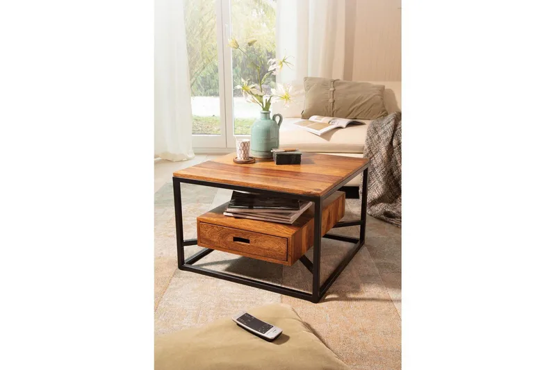 Sofabord Wohnling Massivt tre firkantet landstil med skuffebrett - Møbler - Bord - Sofabord & salongbord