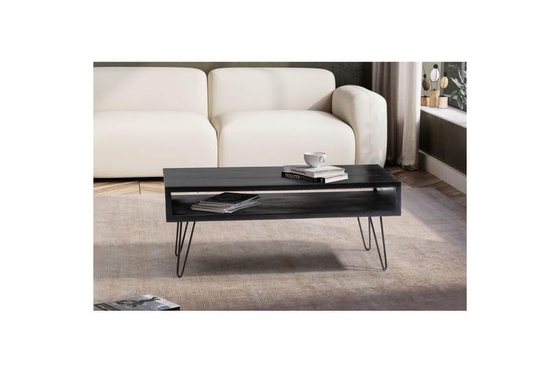 Sofabord Wohnling massivt tre rektangulær med stor lagringsplass, landlig stil Svart - Svart - Møbler - Bord - Sofabord & salongbord