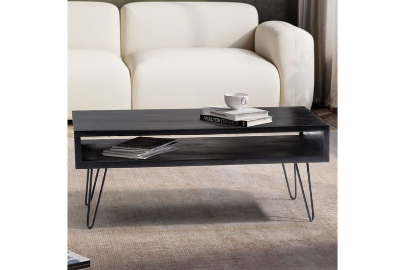 Sofabord Wohnling massivt tre rektangulær med stor lagringsplass, landlig stil Svart - Svart - Møbler - Bord - Sofabord & salongbord