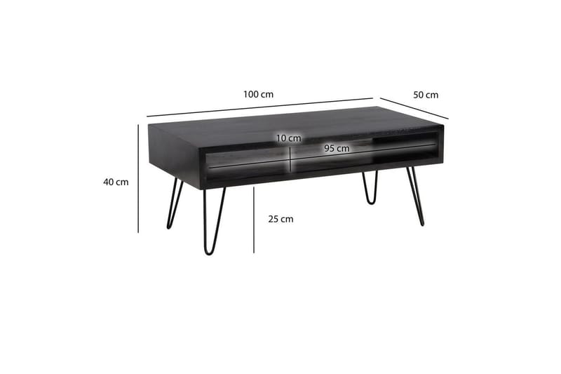 Sofabord Wohnling massivt tre rektangulær med stor lagringsplass, landlig stil Svart - Svart - Møbler - Bord - Sofabord & salongbord