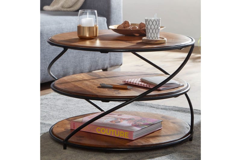 Sofabord Wohnling Massivt tre rundt 58 cm med 2 brett og sirkelformet metallramme - Møbler - Bord - Sofabord & salongbord