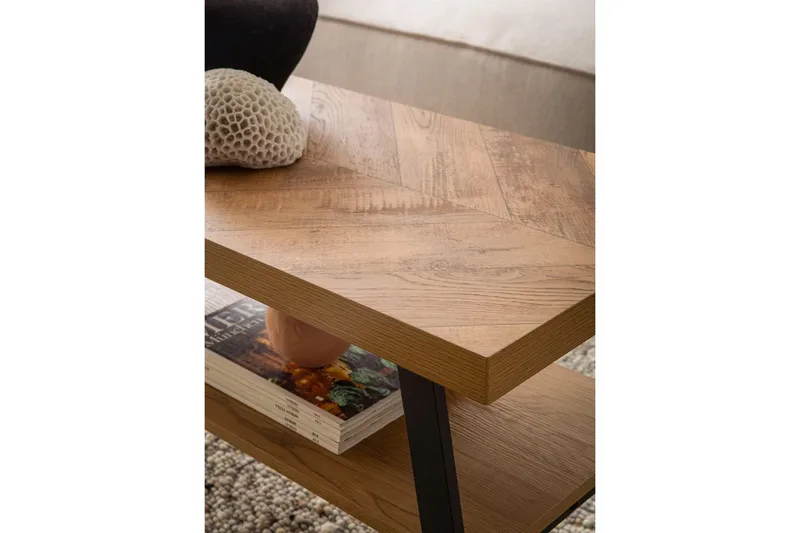 Sofabord Wohnling Massivt tremønster i fiskebein, lagringsplass 100 cm - Møbler - Bord - Sofabord & salongbord