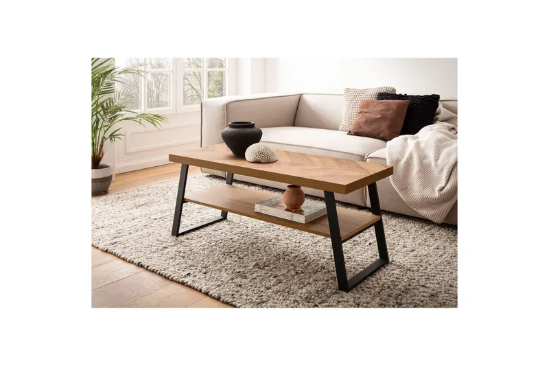 Sofabord Wohnling Massivt tremønster i fiskebein, lagringsplass 100 cm - Møbler - Bord - Sofabord & salongbord