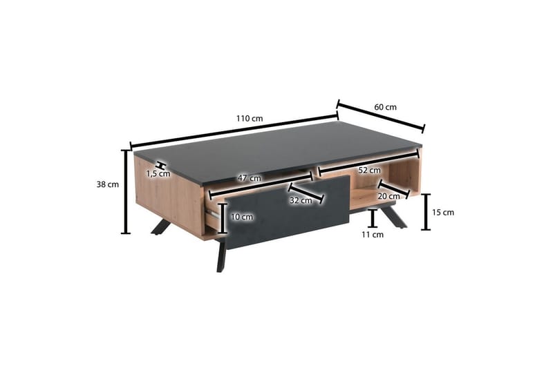 Sofabord Wohnling Rektangulær MDF, eikeutseende med stor skuffebakke, moderne utseende - Møbler - Bord - Sofabord & salongbord