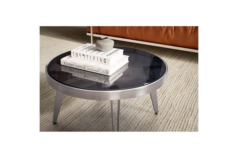 Sofabord Wohnling Rund 60 cm Sikkerhetsglass Matt Sølv 4 Beins Metallramme Moderne - Møbler - Bord - Sofabord & salongbord