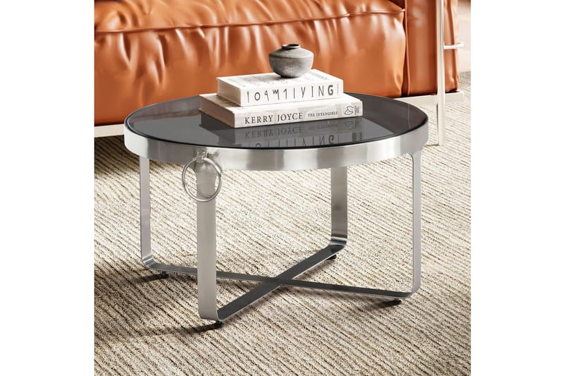 Sofabord Wohnling Rund 60 cm Sikkerhetsglass Matt Sølv Metallramme Moderne - Møbler - Bord - Sofabord & salongbord