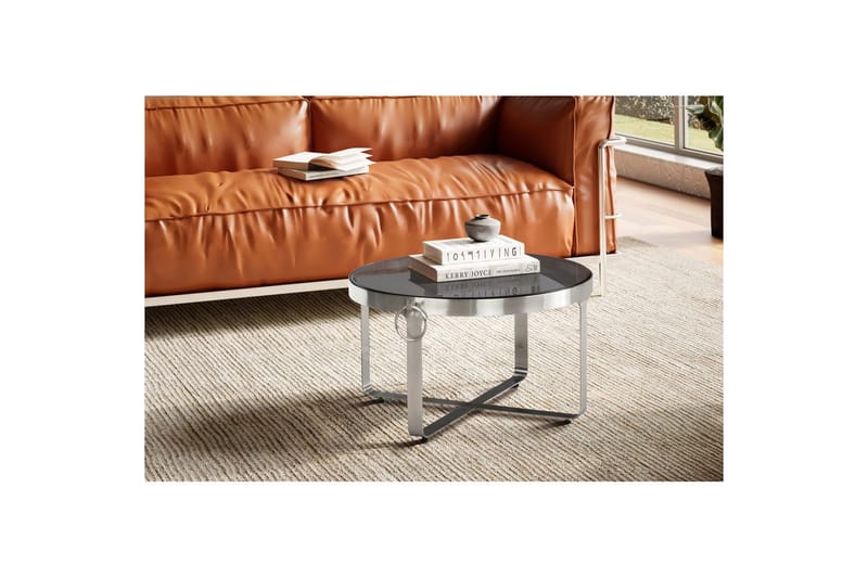 Sofabord Wohnling Rund 60 cm Sikkerhetsglass Matt Sølv Metallramme Moderne - Møbler - Bord - Sofabord & salongbord