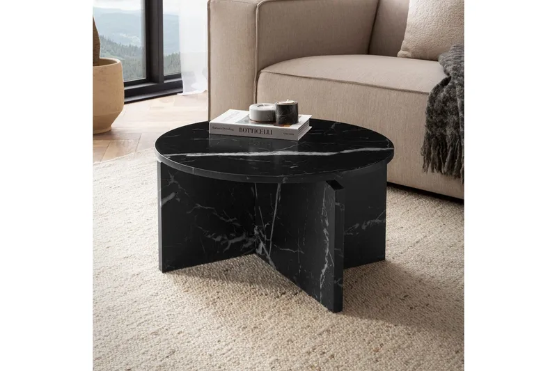 Sofabord Wohnling Rund steinoptikk stil moderne utseende 60 cm, Svart marmor - 60 cm, Svart marmor - Møbler - Bord - Marmorbord