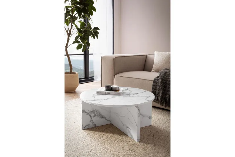 Sofabord Wohnling Rund steinoptikk stil moderne utseende 70 cm, Marmor Hvit - 70 cm, Marmor Hvit - Møbler - Bord - Marmorbord
