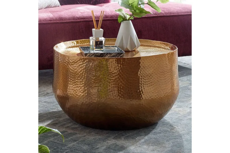 Sofabord Wohnling rundt metall 60 cm hammerutseende, orientalsk stil Gull - Gull - Møbler - Bord - Sofabord & salongbord