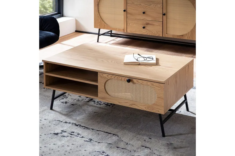 Sofabord Wohnling Tre eik utseende rektangulær med skuffe rotting oppbevaringsplass - Møbler - Bord - Sofabord & salongbord