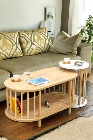 Sofabordsett Hanah Home Peka Set (90 x 43 x 45 cm) Sapphire eik hvit - Sapphire Oak og hvit - Møbler - Bord - Sofabord & salongbord