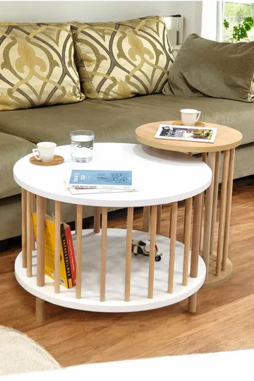 Sofabordsett Hanah Home Peka Set Pro (Ø60 x H43 cm) Hvit Sapphire eik - Hvit og safireik - Møbler - Bord - Sofabord & salongbord