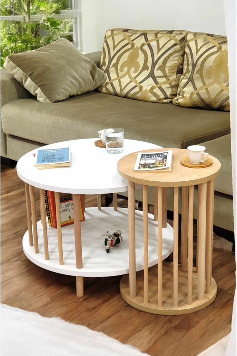 Sofabordsett Hanah Home Peka Set Pro (Ø60 x H43 cm) Hvit Sapphire eik - Hvit og safireik - Møbler - Bord - Sofabord & salongbord