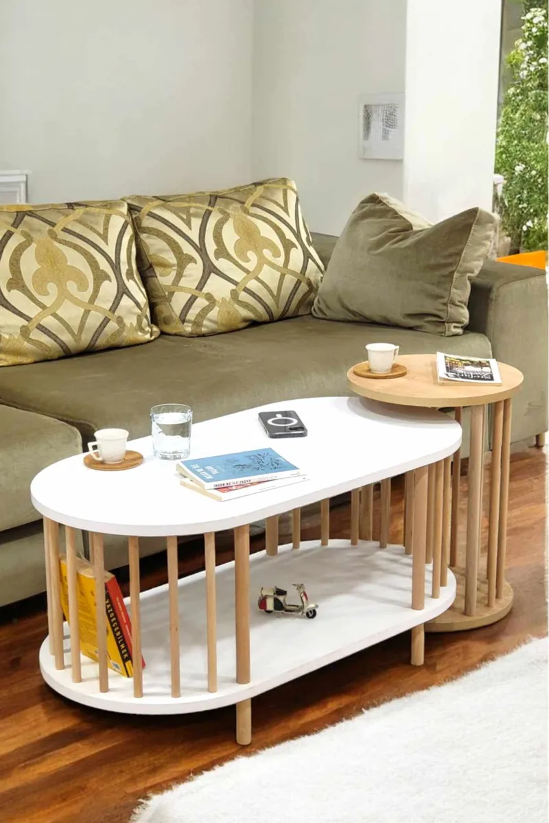 Sofabordsett Hanah Home Peka Set (90 x 43 x 45 cm) Hvit Sapphire eik, Hvit og safireik