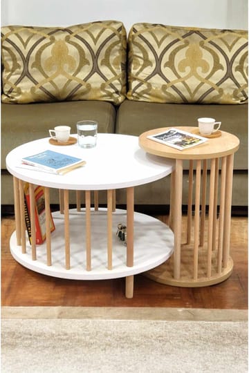 Sofabordsett Hanah Home Peka Set Pro (Ø60 x H43 cm) Hvit Sapphire eik - Hvit og safireik - Møbler - Bord - Sofabord & salongbord