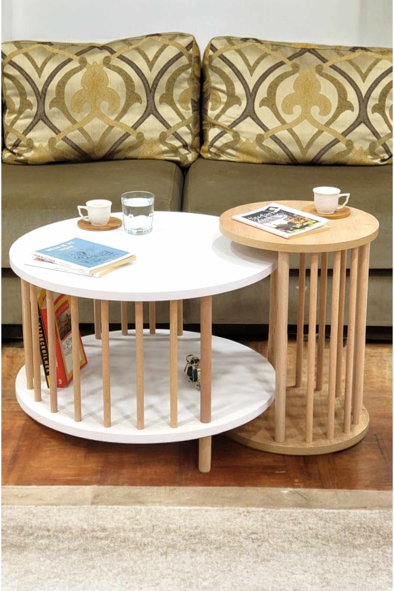 Sofabordsett Hanah Home Peka Set Pro (Ø60 x H43 cm) Hvit Sapphire eik - Hvit og safireik - Møbler - Bord - Sofabord & salongbord