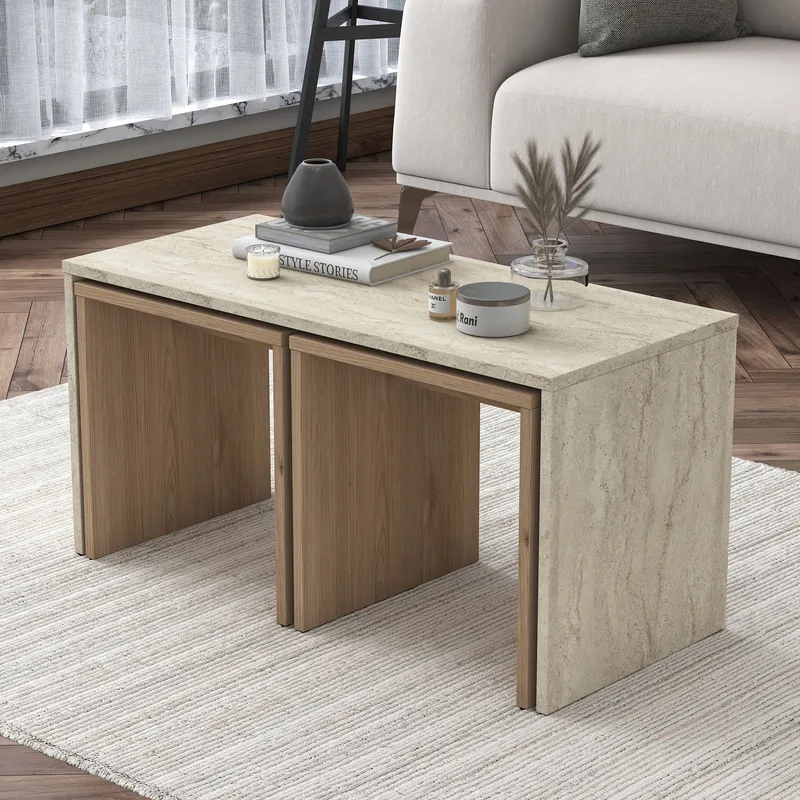 Sofabordsett Wallxpert Cleo-hylle (90 x 44,8 x 40 cm) Travertin - Travertin - Møbler - Bord - Sofabord & salongbord