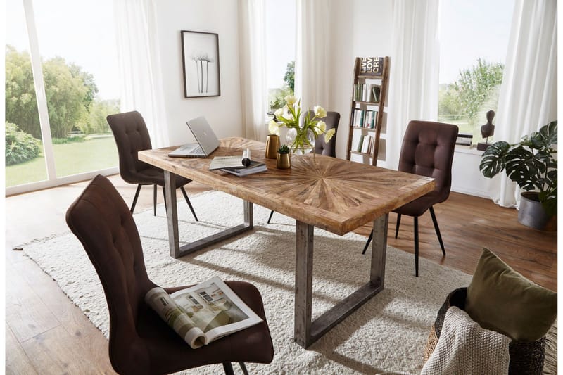 Gulshan Rektangulært Spisebord 180 cm i Massivt Tre med Eik- og Metallutseende - Brun|Sølv - Møbler - Bord - Spisebord & kjøkkenbord