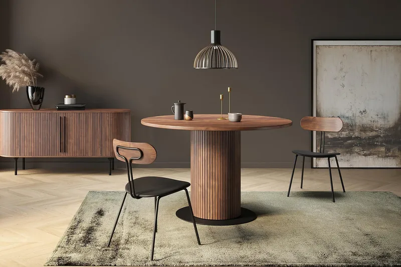 Noira Rundt Lite Spisebord Valnøtt 120 cm - Brun / Ribbet - Møbler - Bord - Spisebord & kjøkkenbord