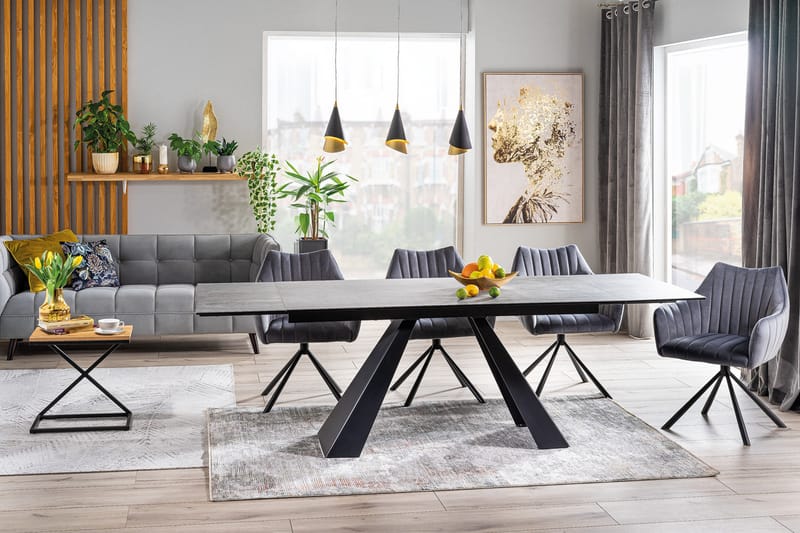 Spisebord Rians Forlengningsbart 160 cm Betonglook - Glass/Betonggrå/Mattsvart - Spisebord & kjøkkenbord