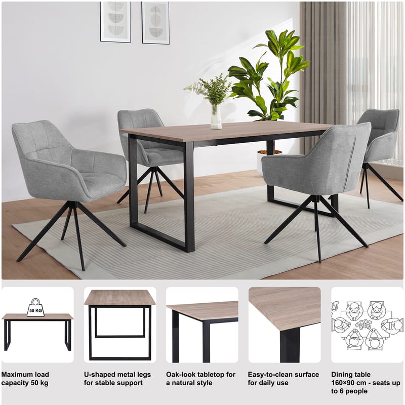 Spisebord Loft24 Luton Eik/svart 160 x 90 cm - Eik og svart - Møbler - Bord - Spisebord & kjøkkenbord