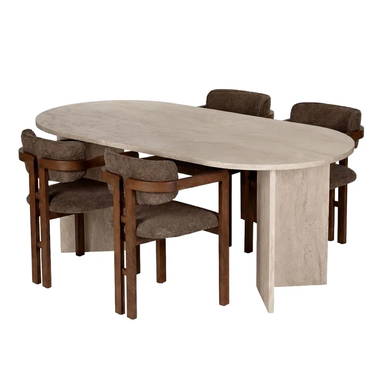 Spisebord- og stolsett Nordure Meridia 4 (180 x 75 x 90 cm) 5 deler Travertin valnøtt brun