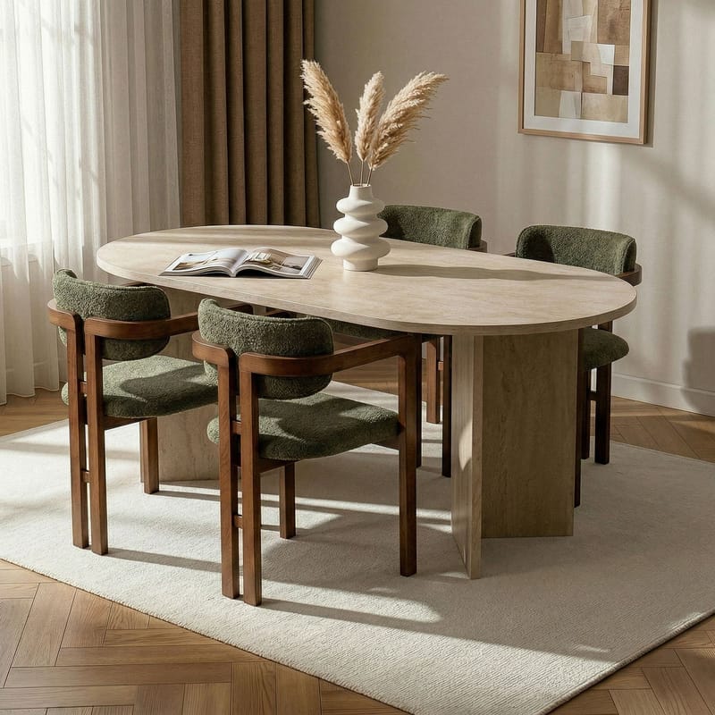 Spisebord- og stolsett Nordure Meridia 4 (180 x 75 x 90 cm) 5 deler Travertin valnøtt grønn - Møbler - Bord - Spisegruppe