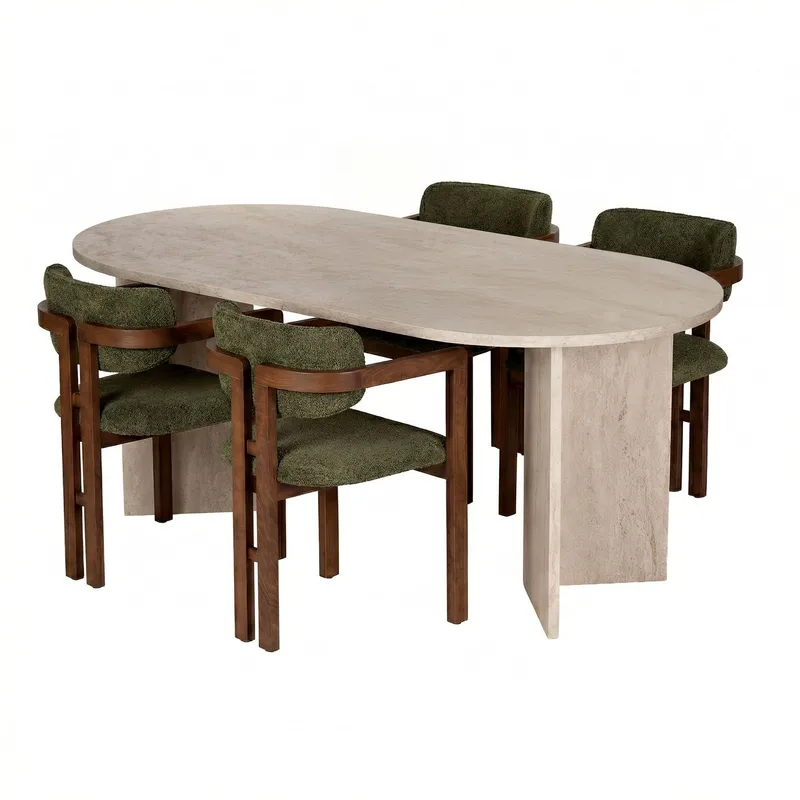 Spisebord- og stolsett Nordure Meridia 4 (180 x 75 x 90 cm) 5 deler Travertin valnøtt grønn