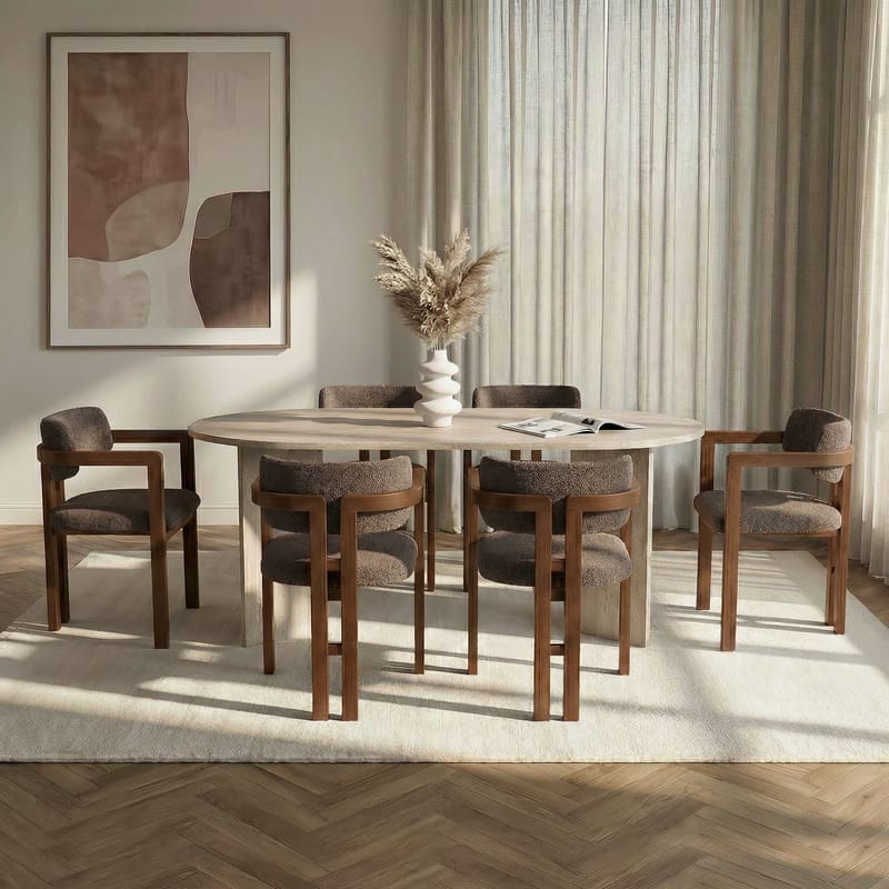 Spisebord- og stolsett Nordure Meridia 6 (180 x 75 x 90 cm) 7 deler Travertin valnøtt brun - Møbler - Bord - Spisegruppe