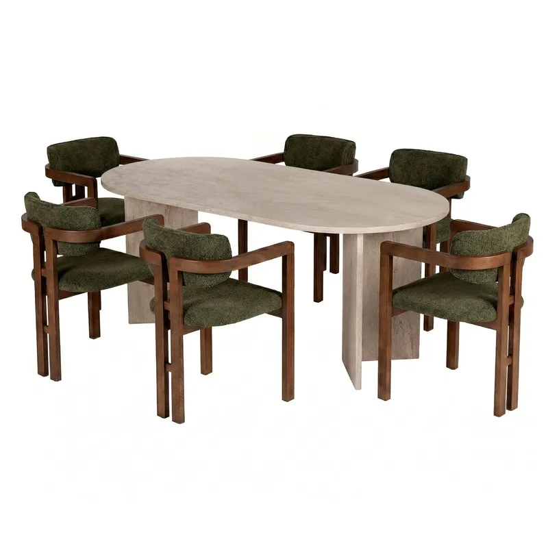 Spisebord- og stolsett Nordure Meridia 6 (180 x 75 x 90 cm) 7 deler Travertin valnøtt grønn