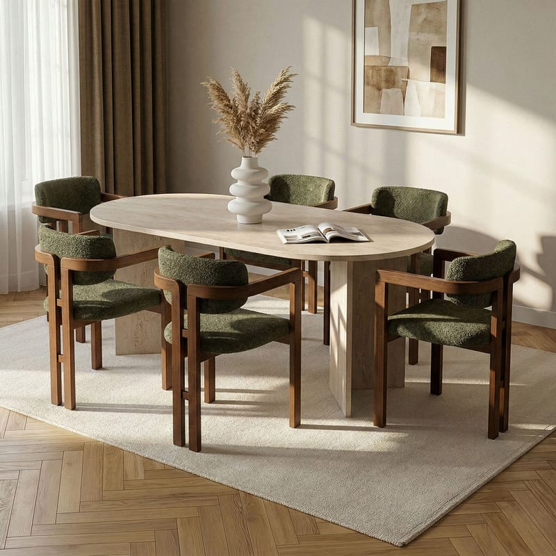 Spisebord- og stolsett Nordure Meridia 6 (180 x 75 x 90 cm) 7 deler Travertin valnøtt grønn - Møbler - Bord - Spisegruppe