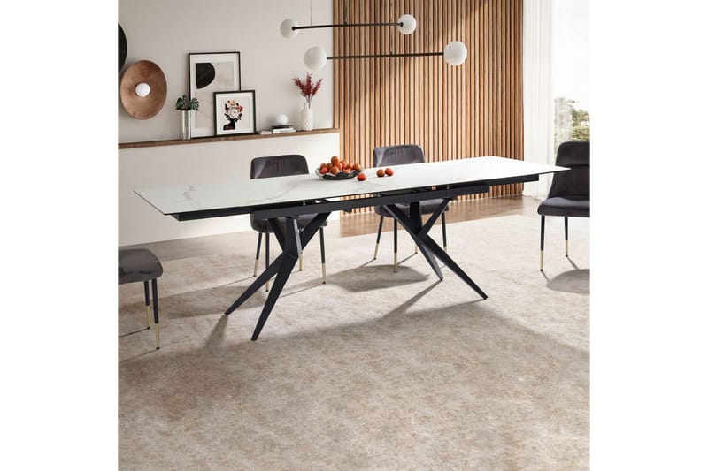 Spisebord Wohnling Uttrekkbar 180-260 cm Keramisk Fire Bein Metallramme Svart, marmor hvit - Svart, marmor hvit - Møbler - Bord - Spisebord & kjøkkenbord