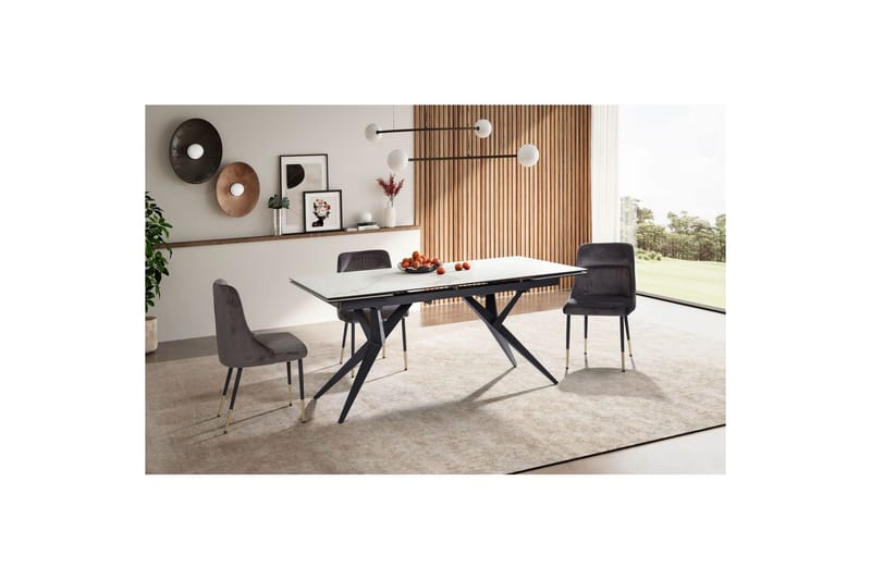 Spisebord Wohnling Uttrekkbar 180-260 cm Keramisk Fire Bein Metallramme Svart, marmor hvit - Svart, marmor hvit - Møbler - Bord - Spisebord & kjøkkenbord