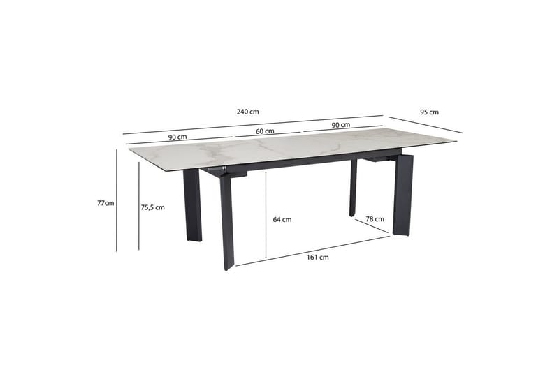 Spisebord Wohnling Uttrekkbar 180-260 cm Keramisk Klassisk Fire Bein Metallramme Svart, marmor hvit - Svart, marmor hvit - Møbler - Bord - Spisegruppe