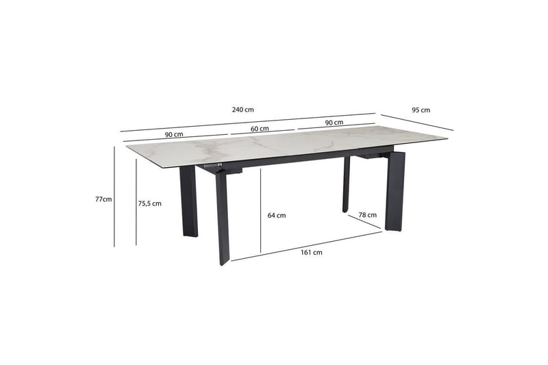 Spisebord Wohnling Uttrekkbar 180-260 cm Keramisk Klassisk Fire Bein Metallramme Svart, marmor hvit - Svart, marmor hvit - Møbler - Bord - Spisegruppe
