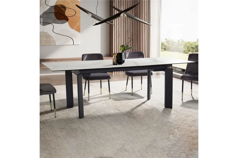 Spisebord Wohnling Uttrekkbar 180-260 cm Keramisk Klassisk Fire Bein Metallramme Svart, marmor hvit - Svart, marmor hvit - Møbler - Bord - Spisegruppe