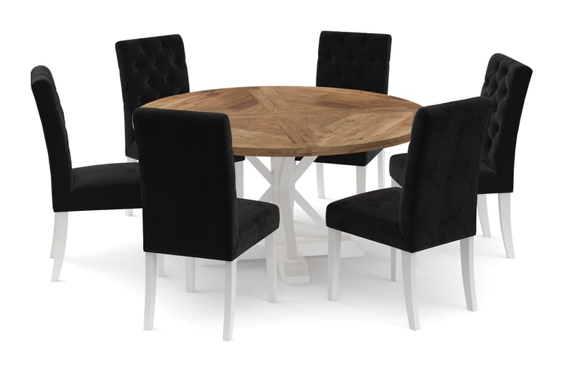 Spisebord Yorkshire 150 cm Rundt m 6 Kjøkkenstoler Emmie Flø - Natur/Hvit - Spisegruppe