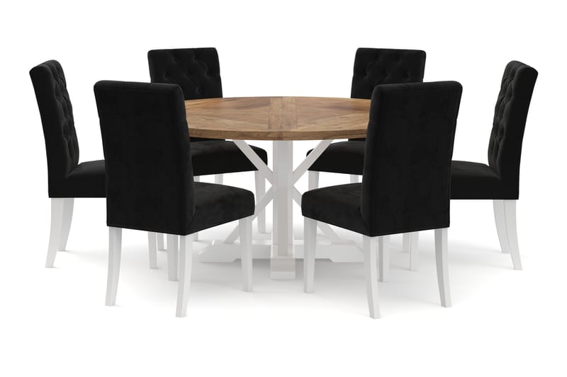 Spisebord Yorkshire 150 cm Rundt m 6 Kjøkkenstoler Emmie Flø - Natur/Hvit - Spisegruppe
