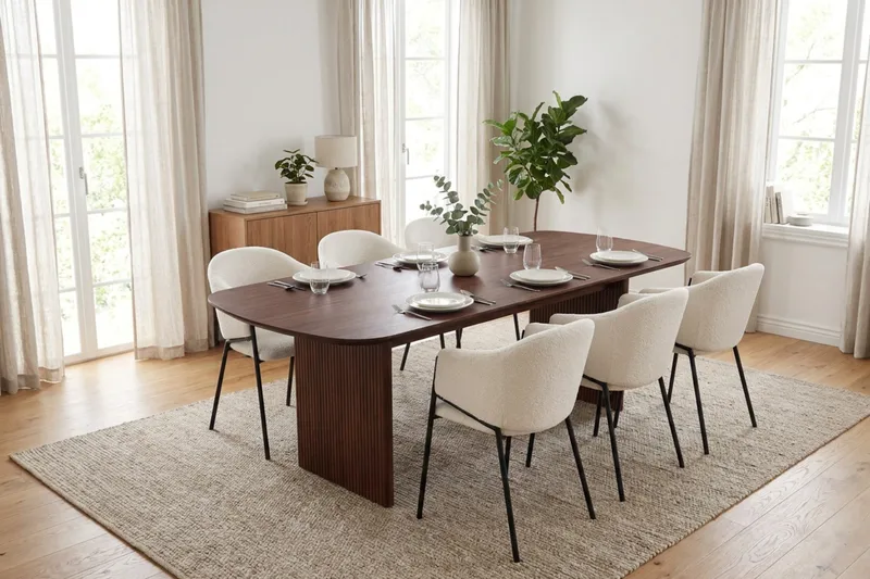Spisegruppe Bark Alma 220 cm Valnøtt Hvit bouclé 6 - Valnøtt - Møbler - Bord - Spisegruppe