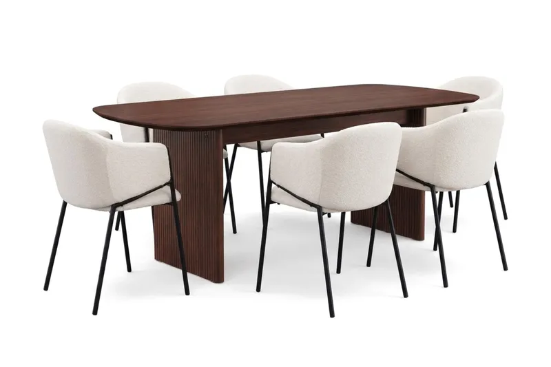 Spisegruppe Bark Alma 220 cm Valnøtt Hvit bouclé 6, Valnøtt