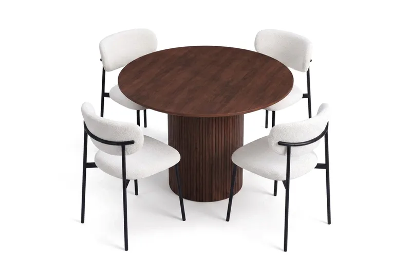 Spisegruppe Bark Kopparbo 110 cm Valnøtt Hvit bouclé/Metallben Svart Rund 4 - Møbler - Bord - Spisegruppe